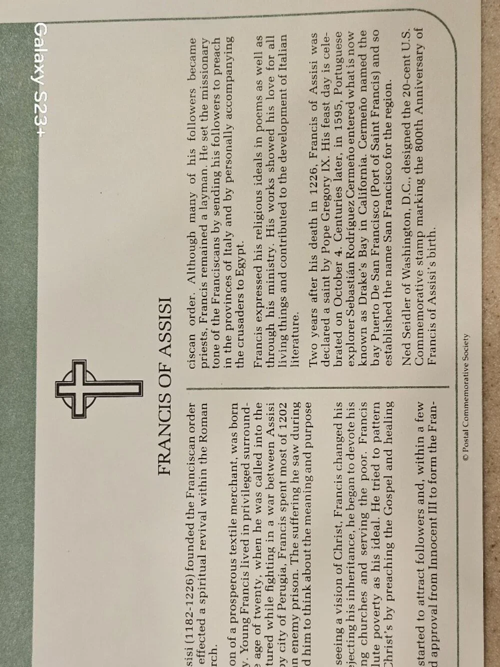 RARE COLLECTIBLE USPS 1ST DAY ISSUE COVER HONORING FRANCIS OF ASSISI STAMP FDC